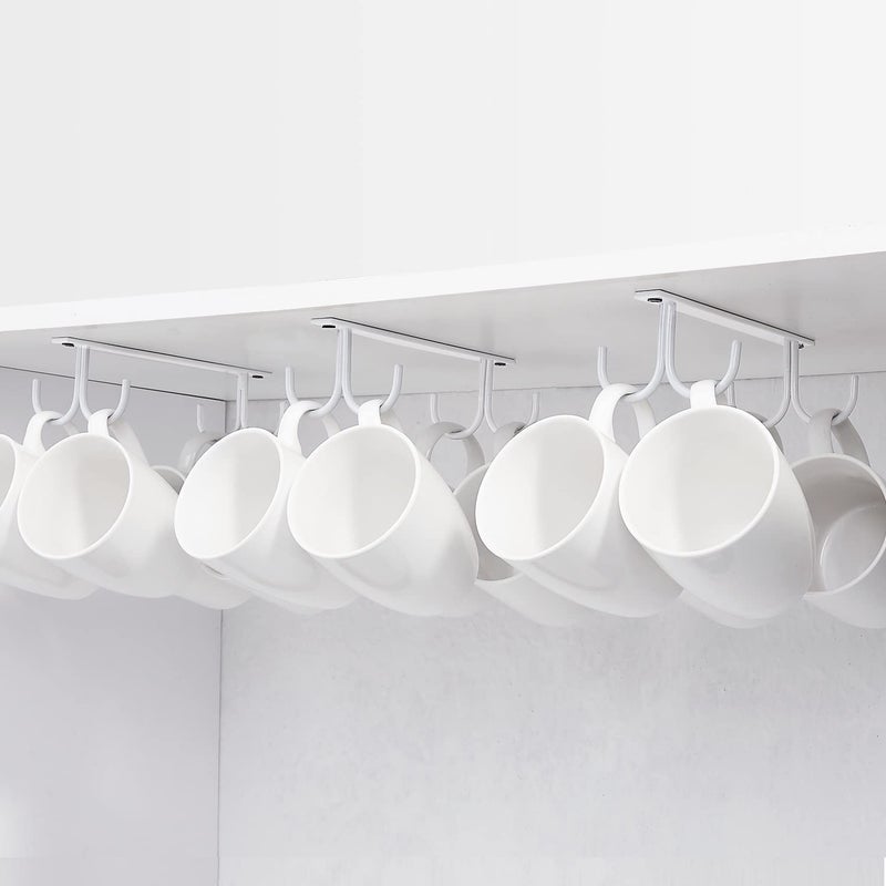 FOMANSH Mug Rack Under Cabinet - Coffee Cup Holder, 12 Mugs Hooks Under Shelf, Display Hanging Cups Drying Hook for Bar Kitchen Utensils White - Image 1